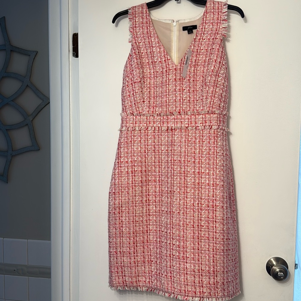J Crew Pink Red Tweed Preppy Classic V Neck Metallic Thread Fringe Trim Dress 4
